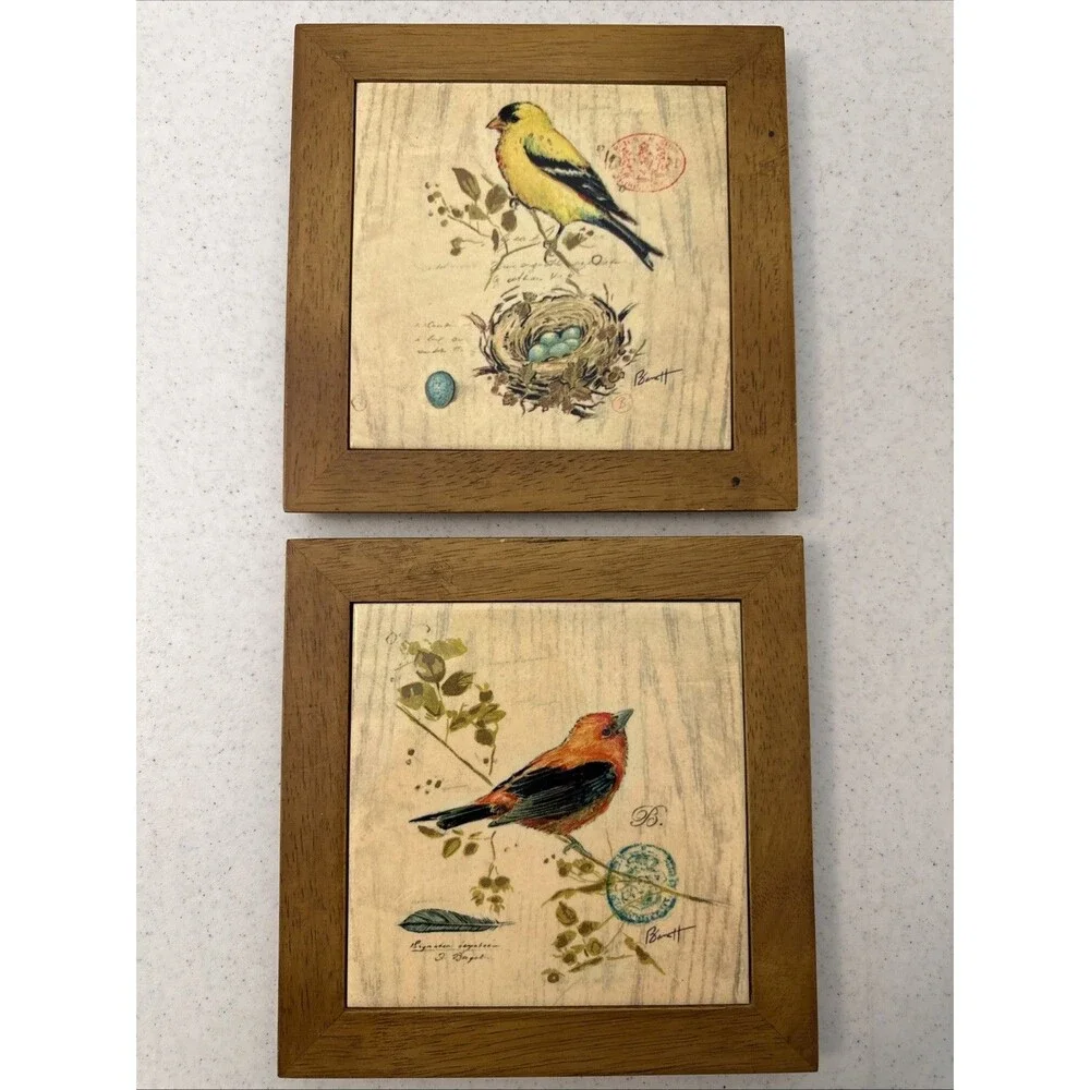VTG Gilded Songbird 4 Chad Barrett  Art Tile Framed In Wood 8x8x .5”D Wall Decor